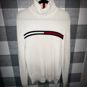 Tommy Hilfiger White Turtleneck Sweater with Red and Black Accent